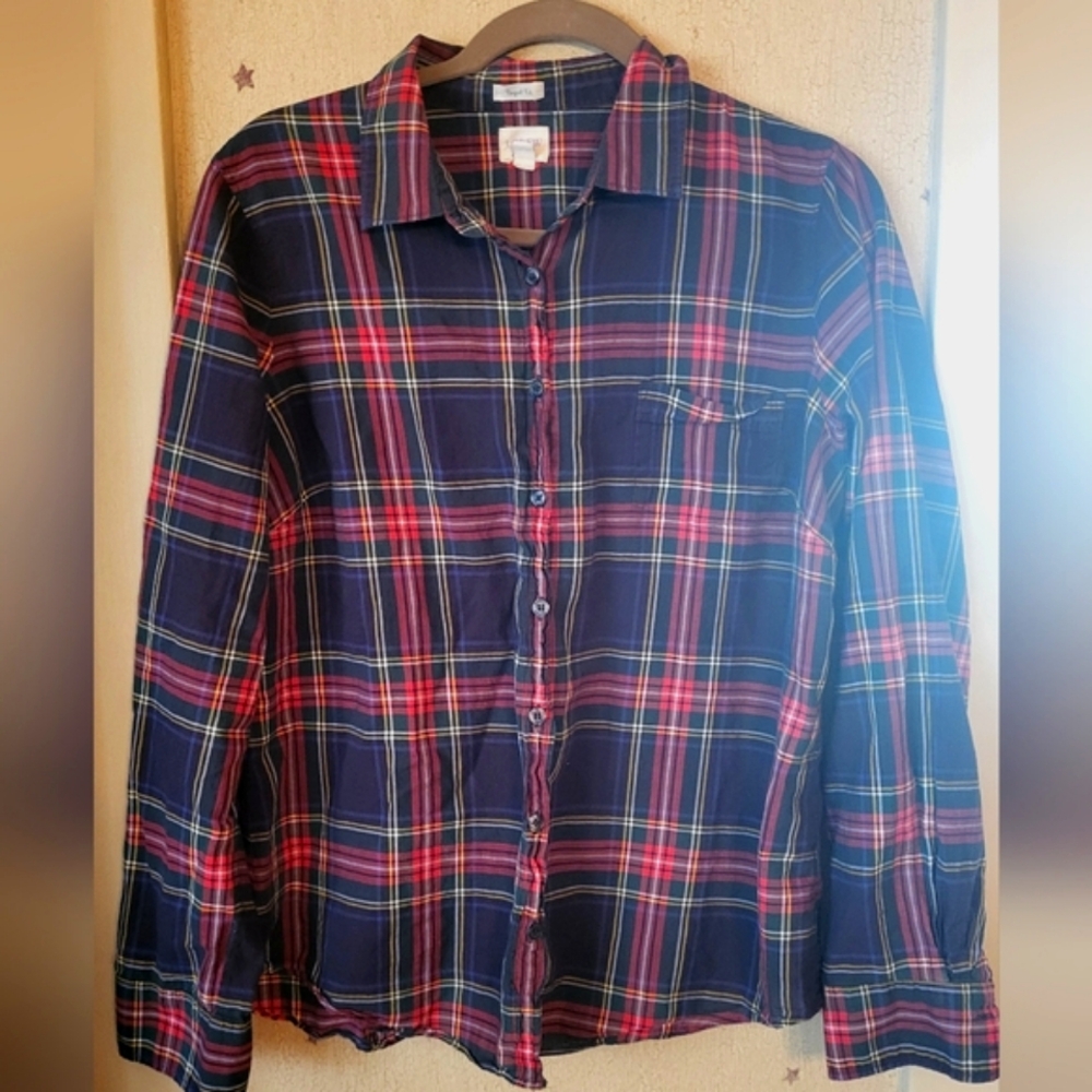 J. Crew Plaid Button Down Shirt - Red and Navy Tartan, Size L